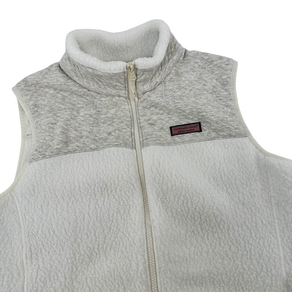 Vineyard Vines Fleece Sherpa Vest Light Gray White Quilted Collar Zip Up Women L
